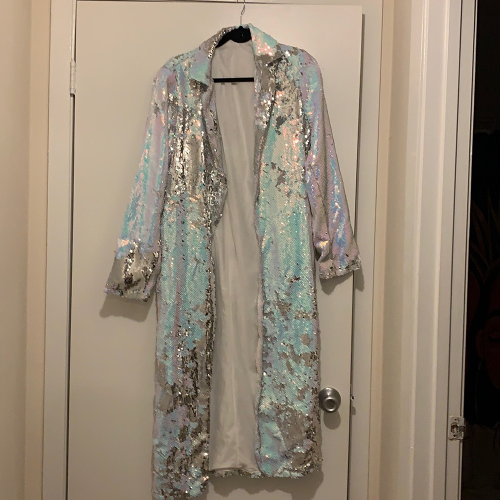 Sparkly open concept floor length duster.